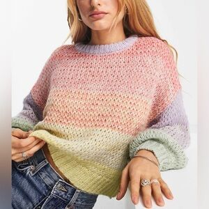 Only Pastel Rainbow Ombre Color Block Knit Puff Sleeves Pullover Sweater Size XS
